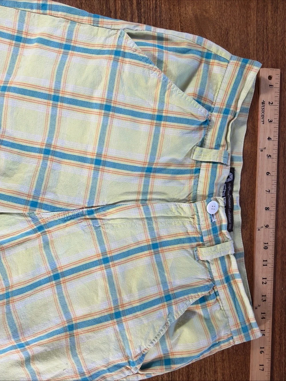 Vintage Y2K South Pole Yellow Plaid Flat Front Shorts with Blue & Orange Stripes